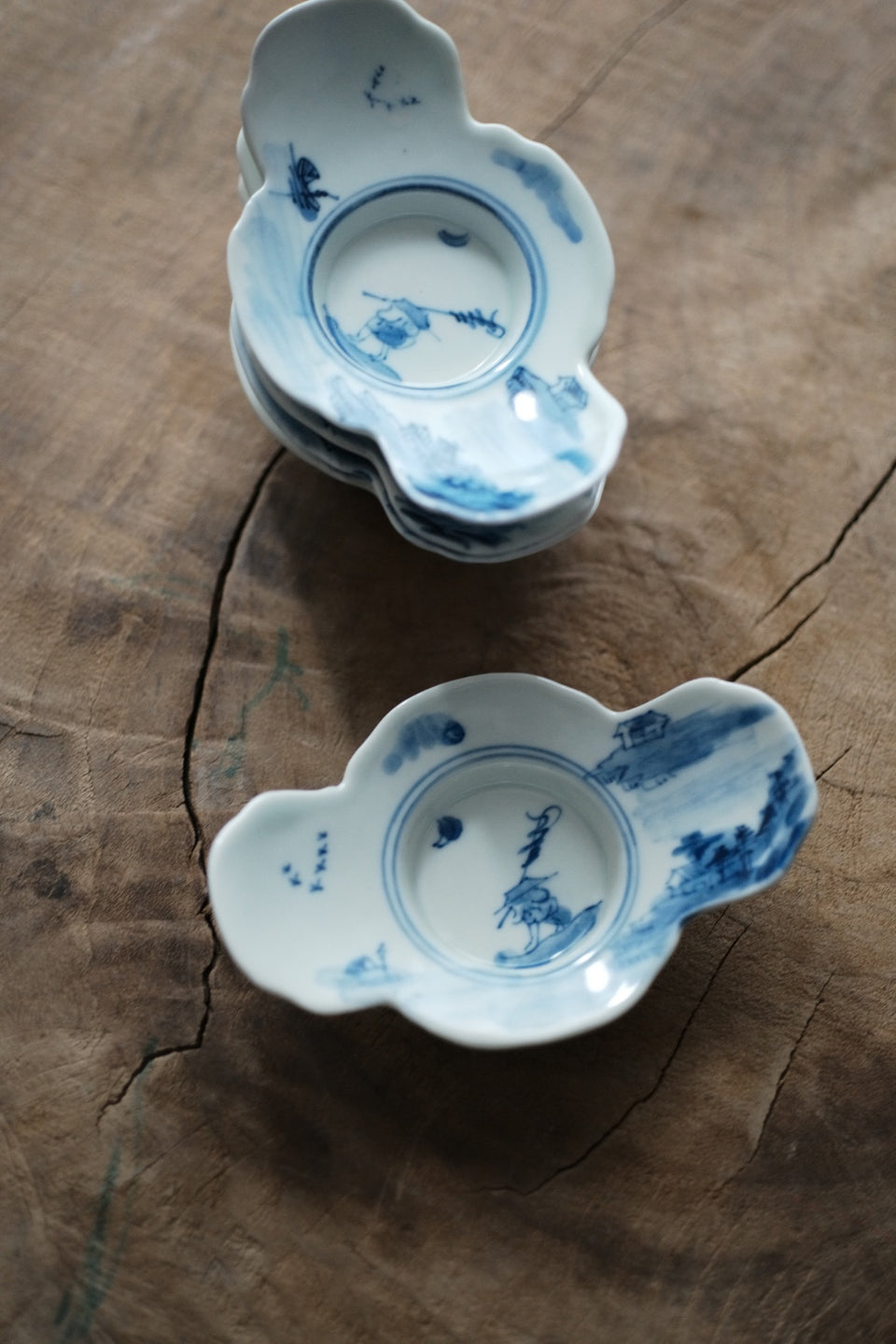 Fishing Man Qinghua Hand-made & Painted Teacup Saucers