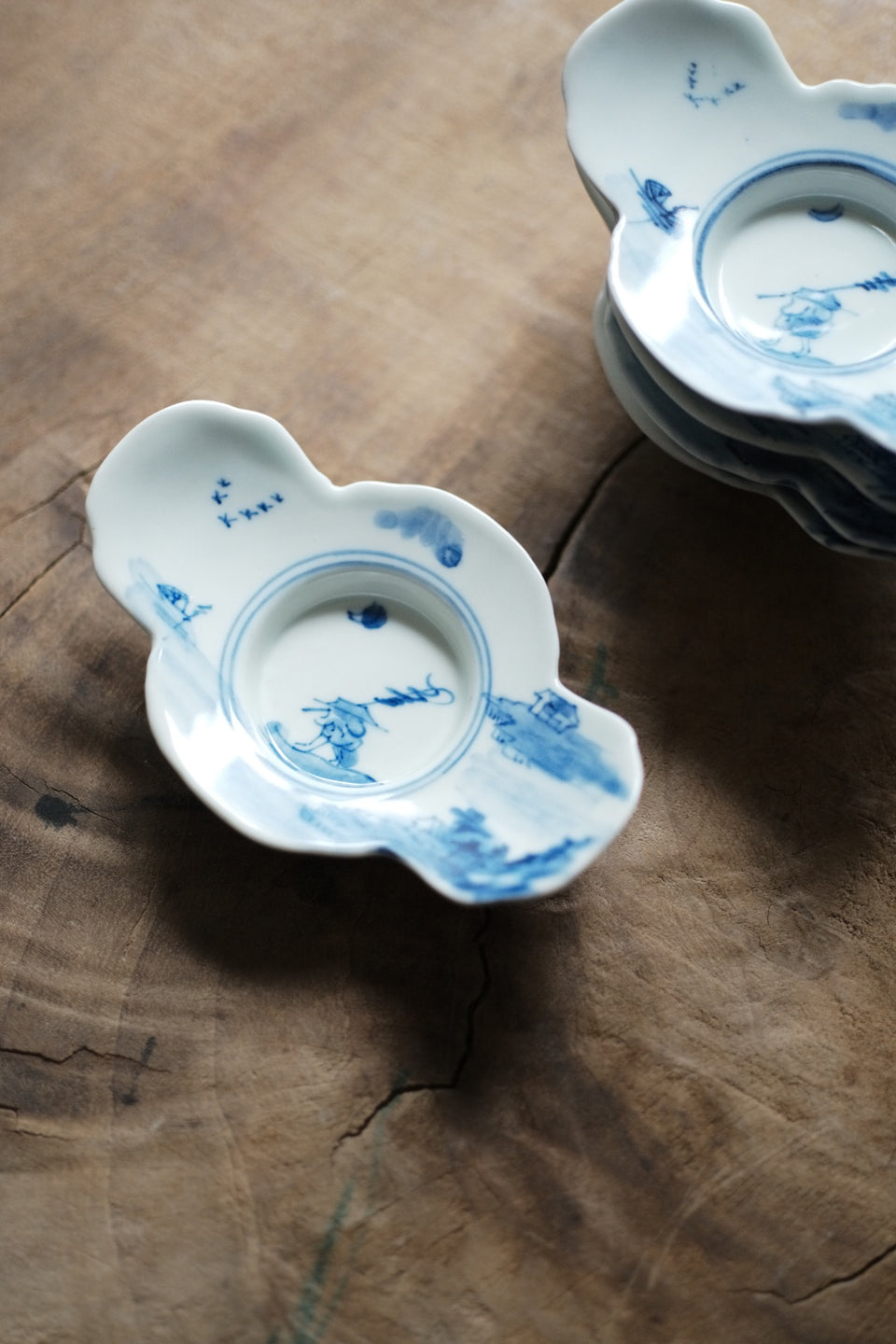 Fishing Man Qinghua Hand-made & Painted Teacup Saucers