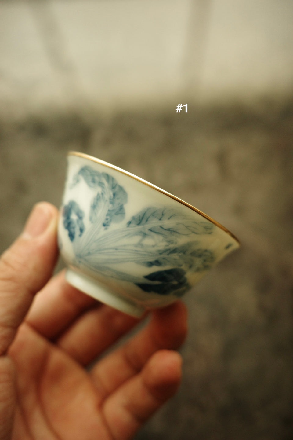 Chinese Cabbage Qinghua Teacups with Gold Rims by Li Junna