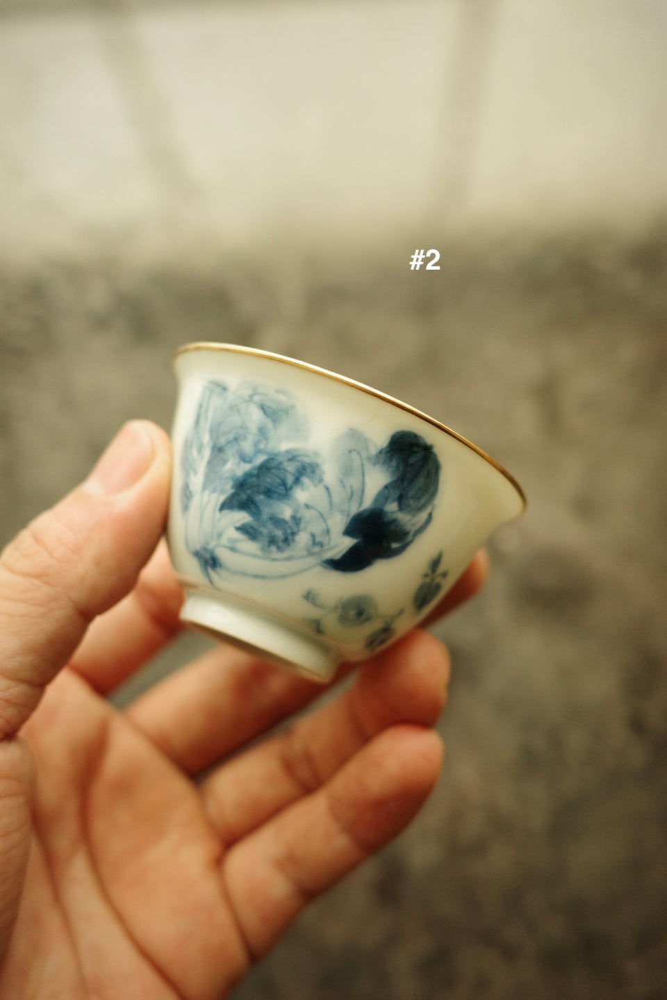 Chinese Cabbage Qinghua Teacups with Gold Rims by Li Junna