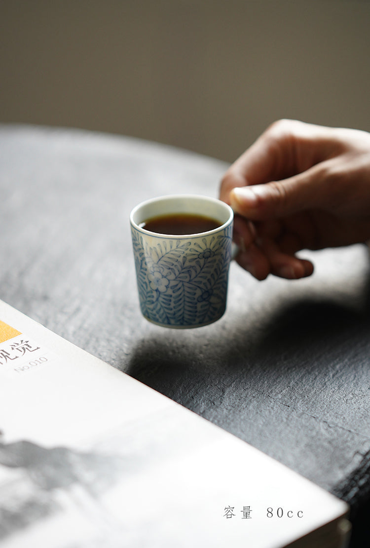 "1000 Leaves" Qinghua Blue & White Ceramic Coffee Cup