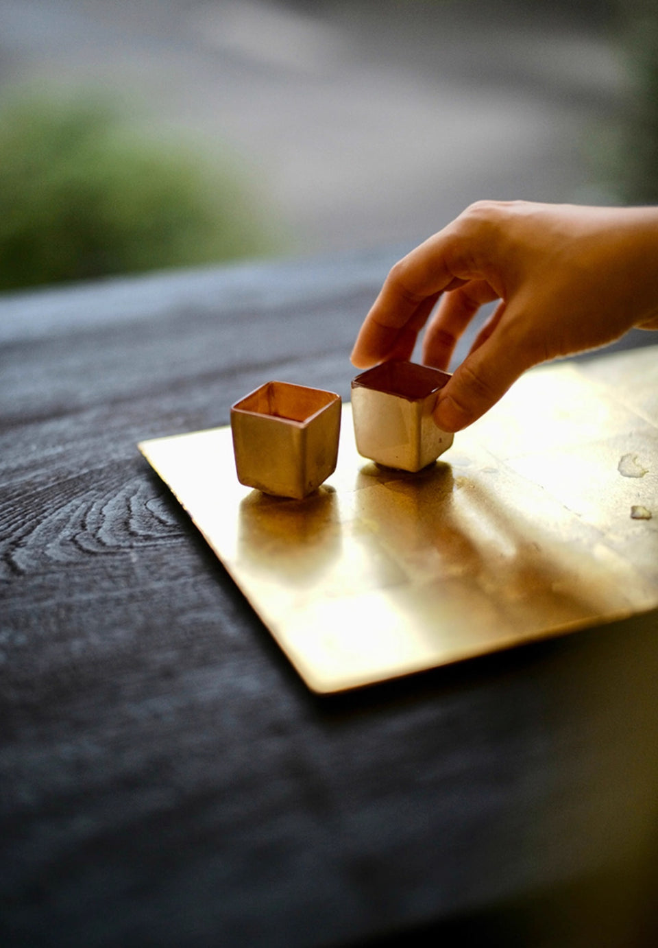 "Huang Lian" Square Glass Tea Cups - Gold and Burnished Silver