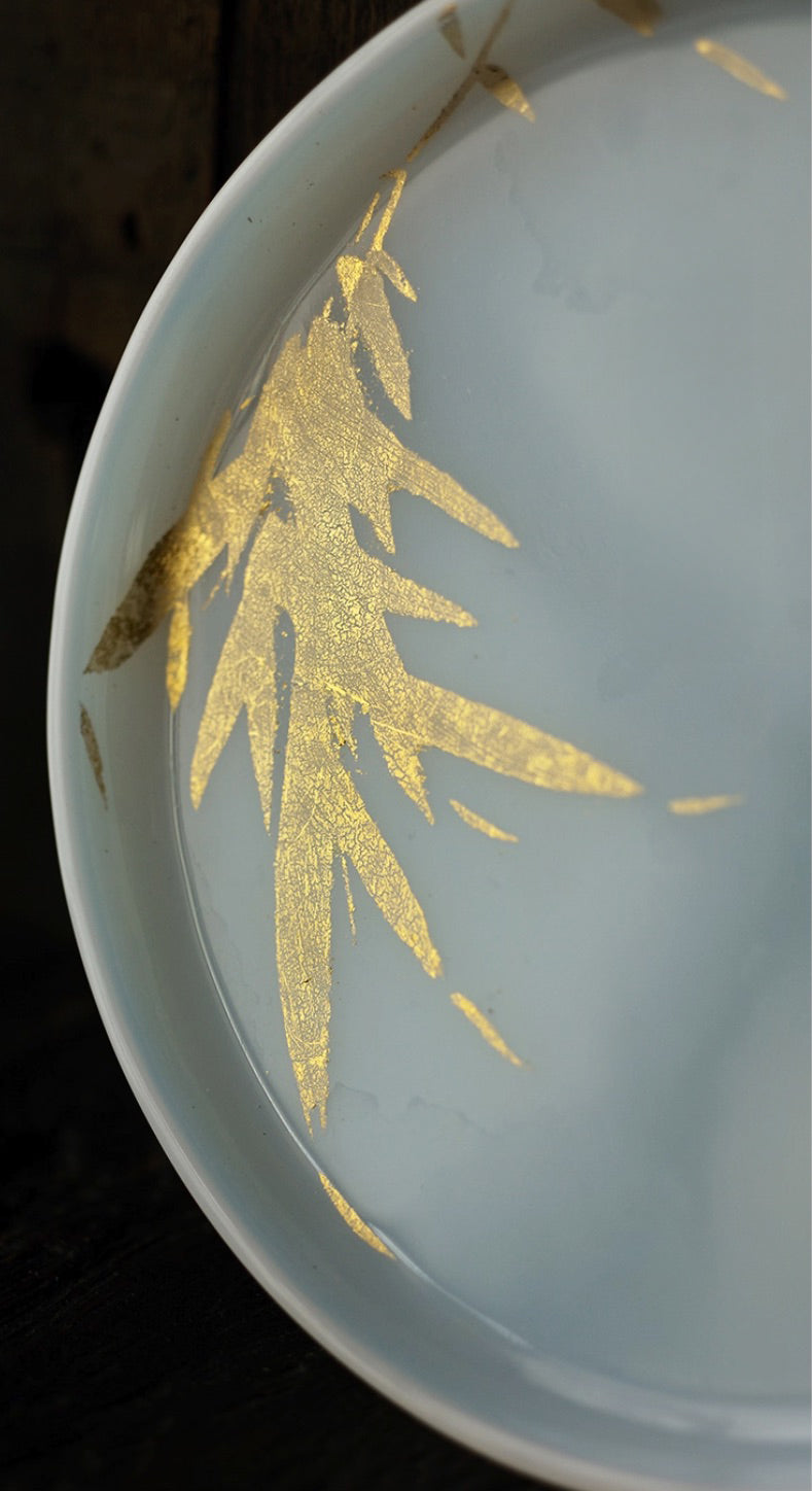 Winter Frost Series Gold Pine and Bamboo Glass Hucheng Tea Tray