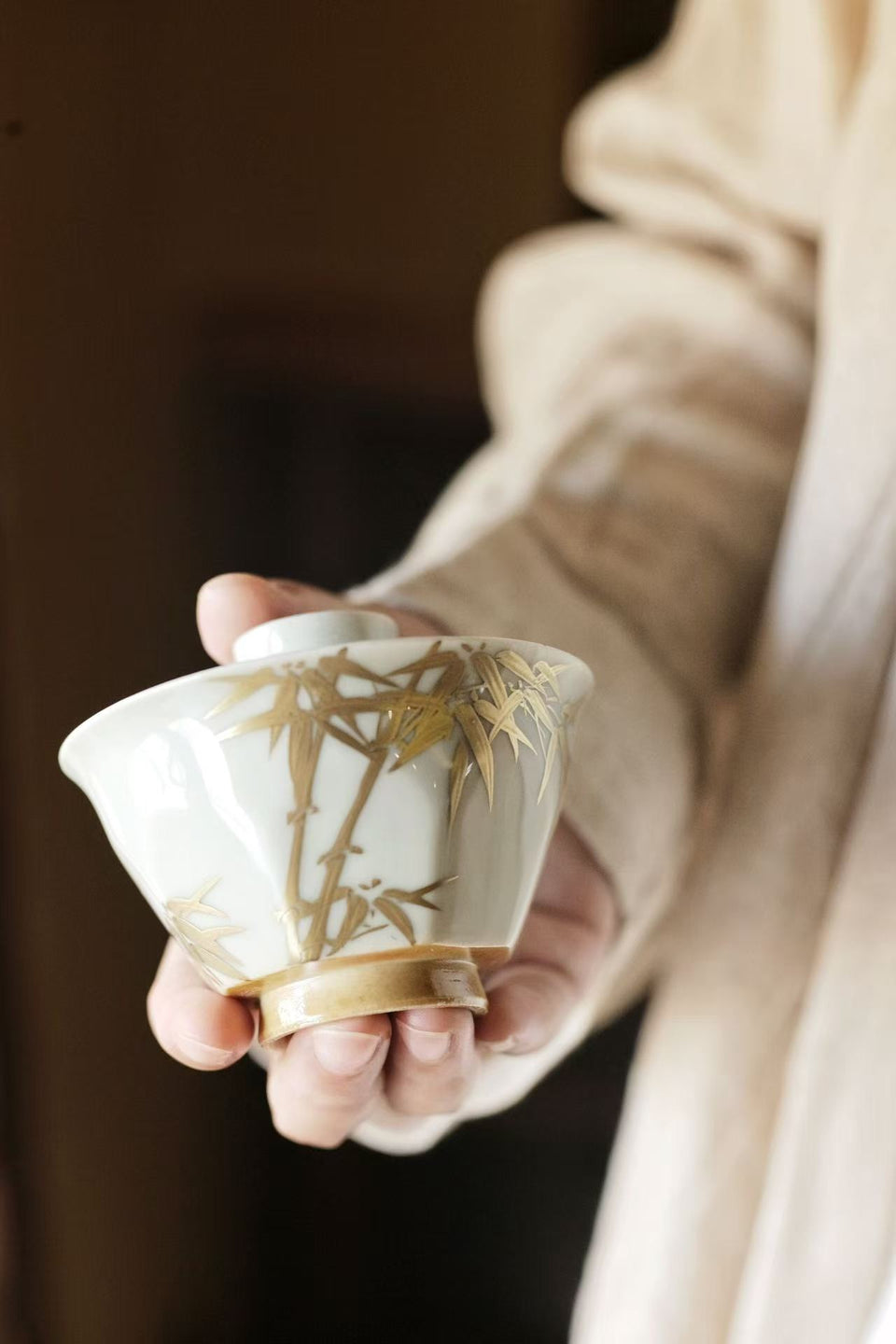 "Golden Bamboo Shadows" Gaiwan with Octagonal Base