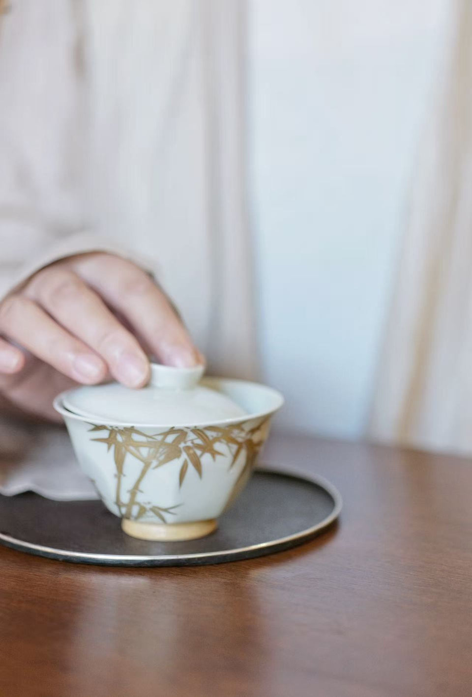 "Golden Bamboo Shadows" Gaiwan with Octagonal Base