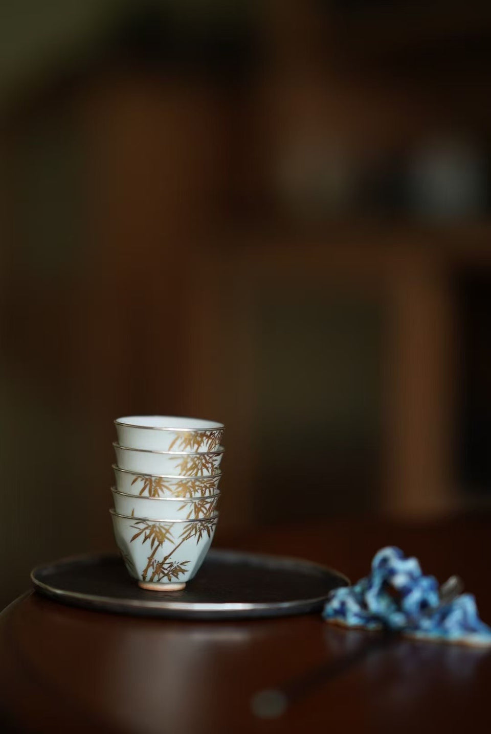 "Golden Bamboo Shadows" Teacup Set with Octagonal Base