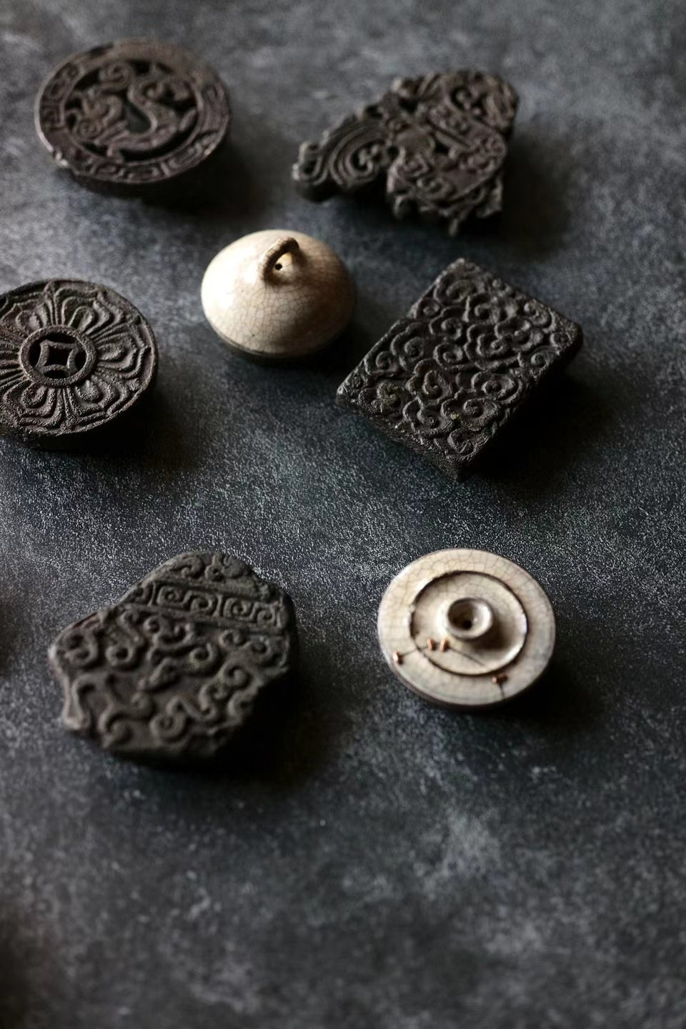 Hand-Carved Black Ceramic Lid Holders by Ji Shang Zhao Wu