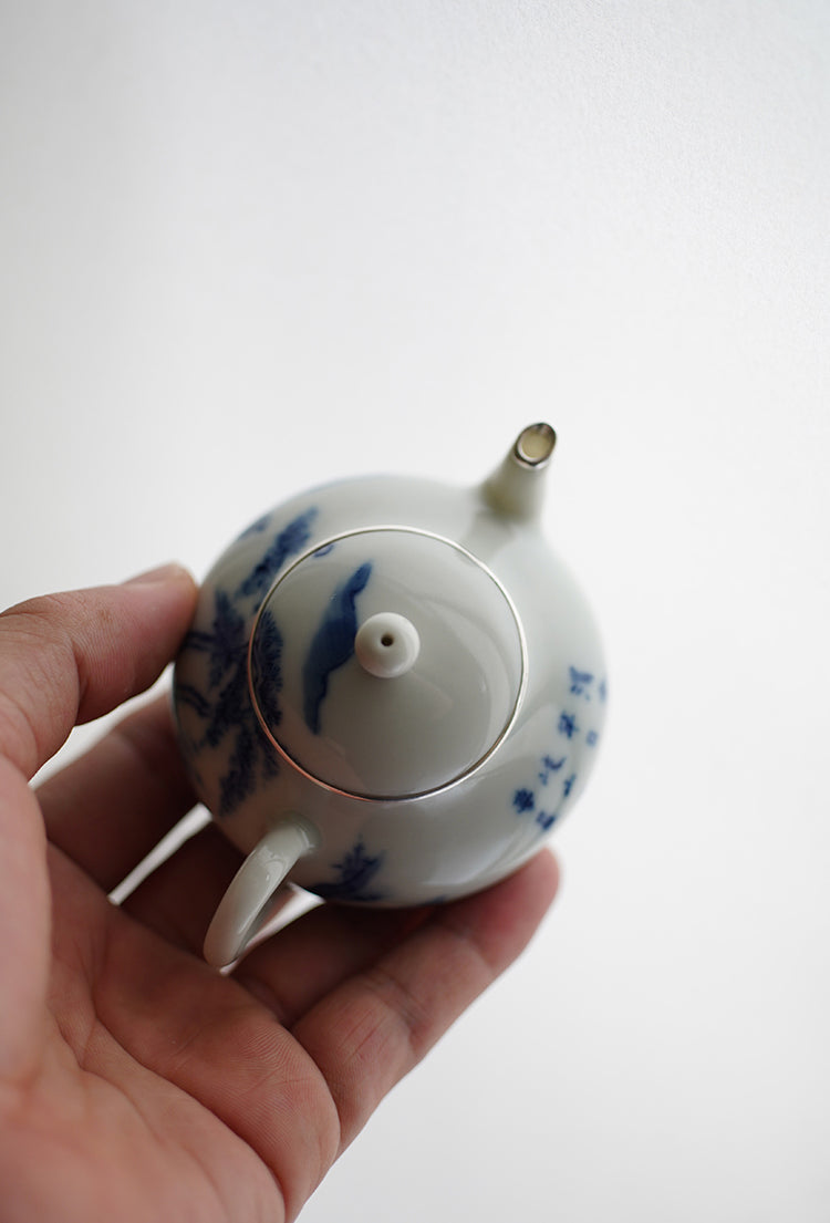 Small Qinghua Teapot With Silver Rim & Fisherman Design