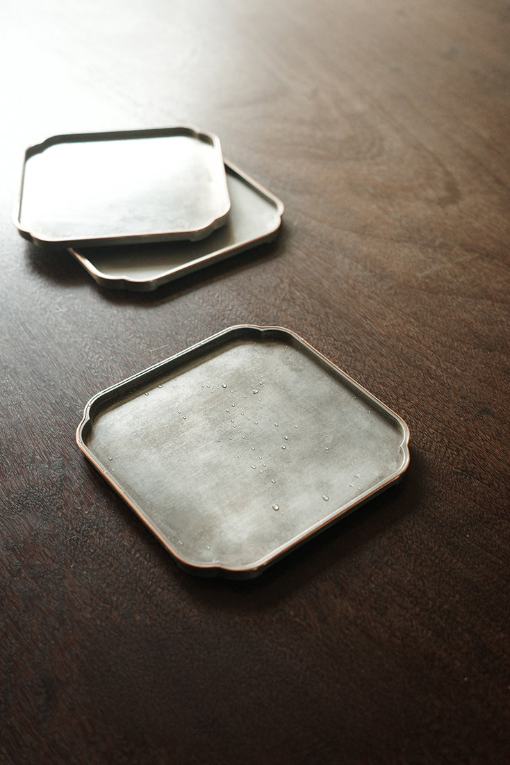 Square Brushed Aluminum Hucheng Tea Tray with Brass Trim