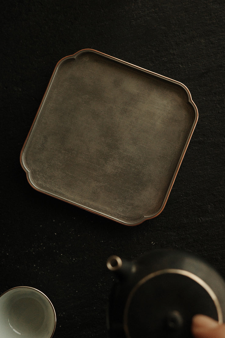 Square Brushed Aluminum Hucheng Tea Tray with Brass Trim