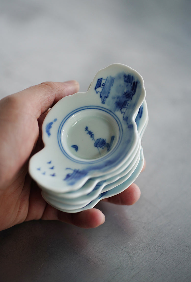 Fishing Man Qinghua Hand-made & Painted Teacup Saucers