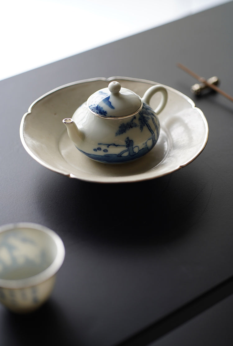 Small Qinghua Teapot With Silver Rim & Fisherman Design
