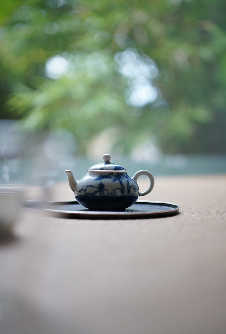 Small Qinghua Teapot With Silver Rim & Fisherman Design