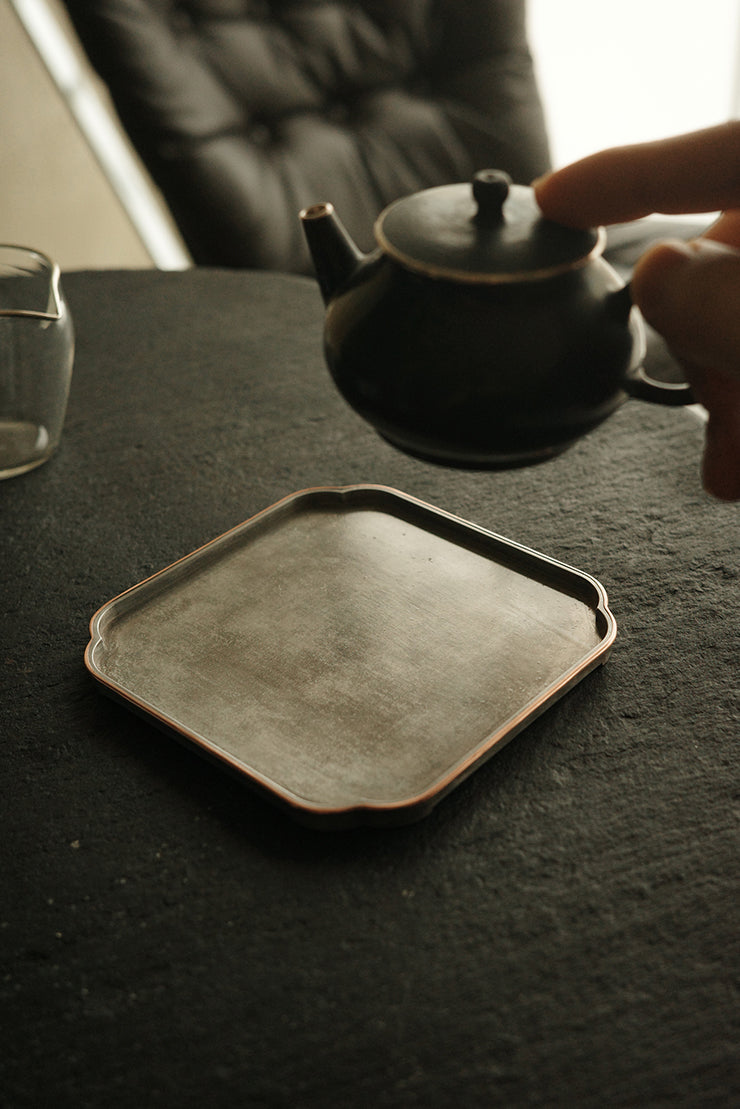 Square Brushed Aluminum Hucheng Tea Tray with Brass Trim