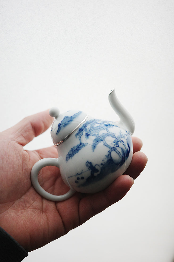 Wood-Fired Pear-Shaped Qinghua Teapot With Silver Edging