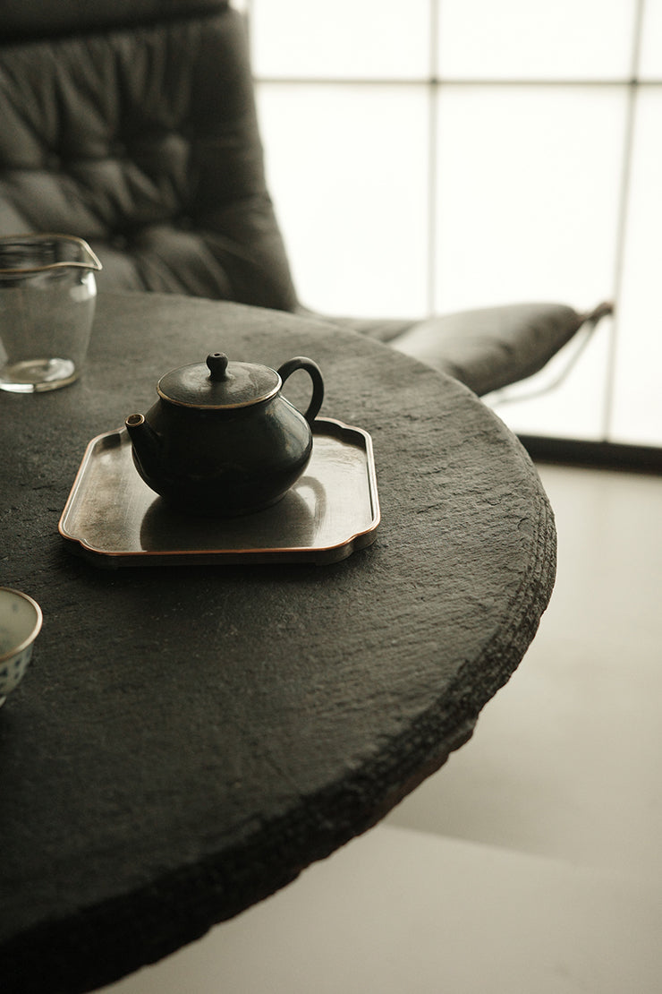 Square Brushed Aluminum Hucheng Tea Tray with Brass Trim