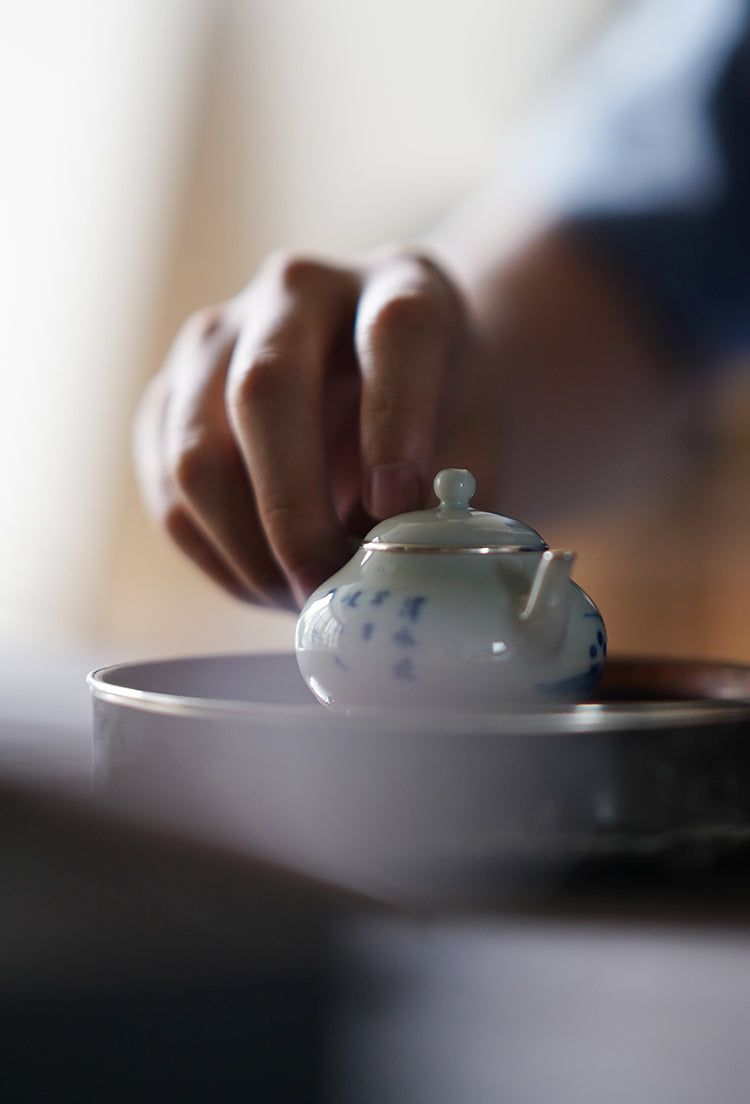 Small Qinghua Teapot With Silver Rim & Fisherman Design