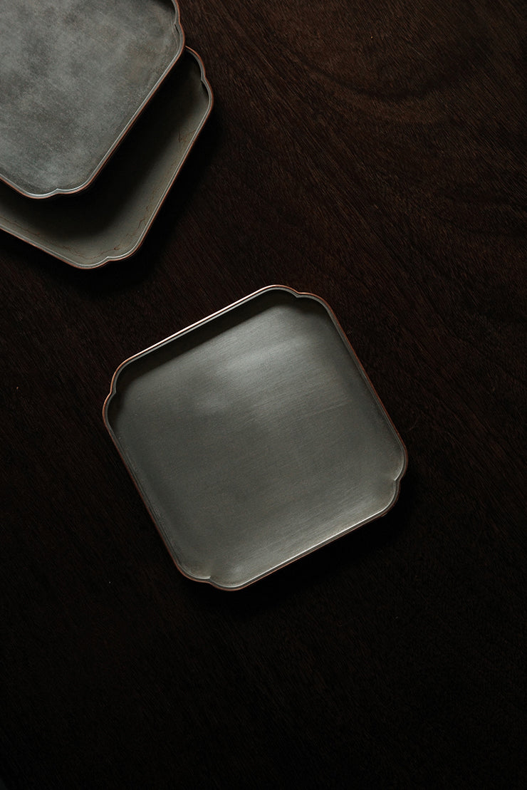 Square Brushed Aluminum Hucheng Tea Tray with Brass Trim