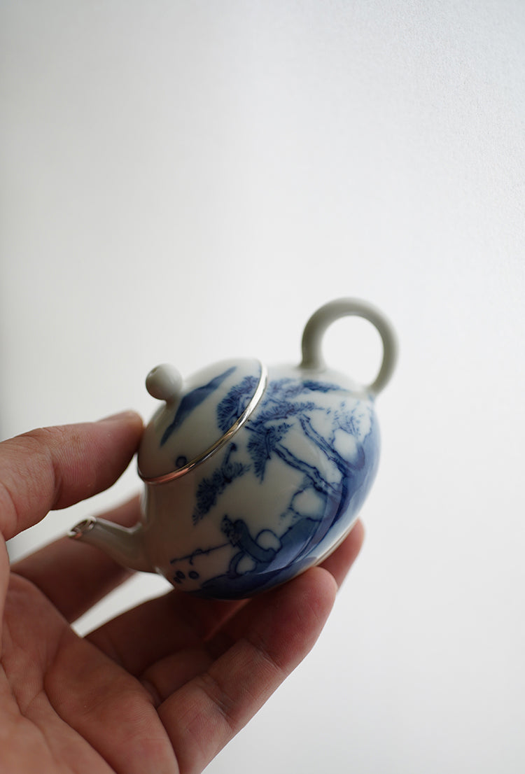 Small Qinghua Teapot With Silver Rim & Fisherman Design