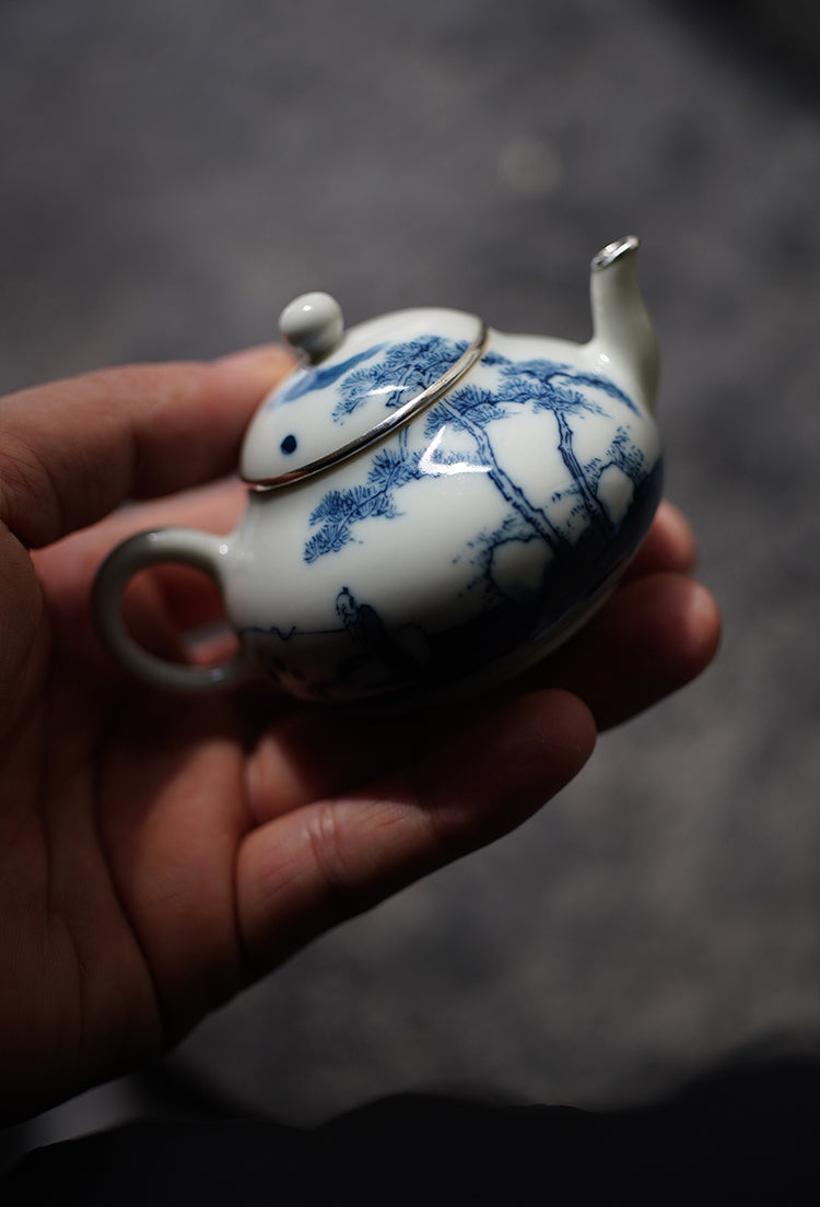 Small Qinghua Teapot With Silver Rim & Fisherman Design