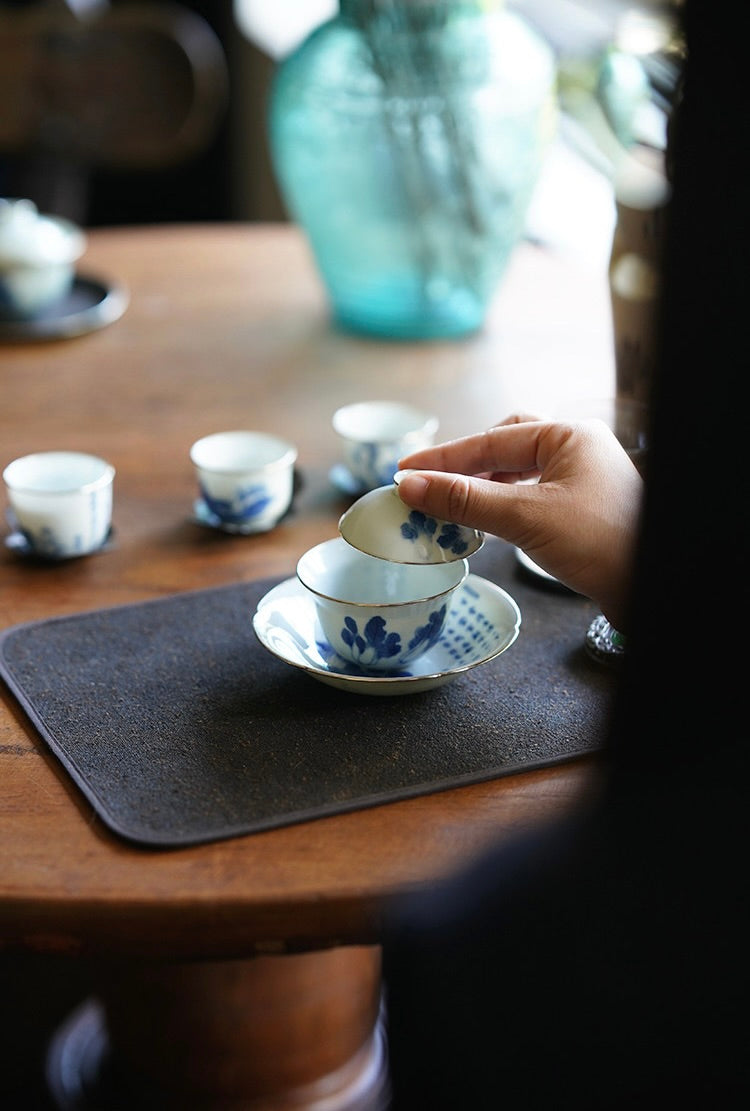 Wood-Fired Qinghua Cabbage Gaiwan with Silver Rim · 60ml