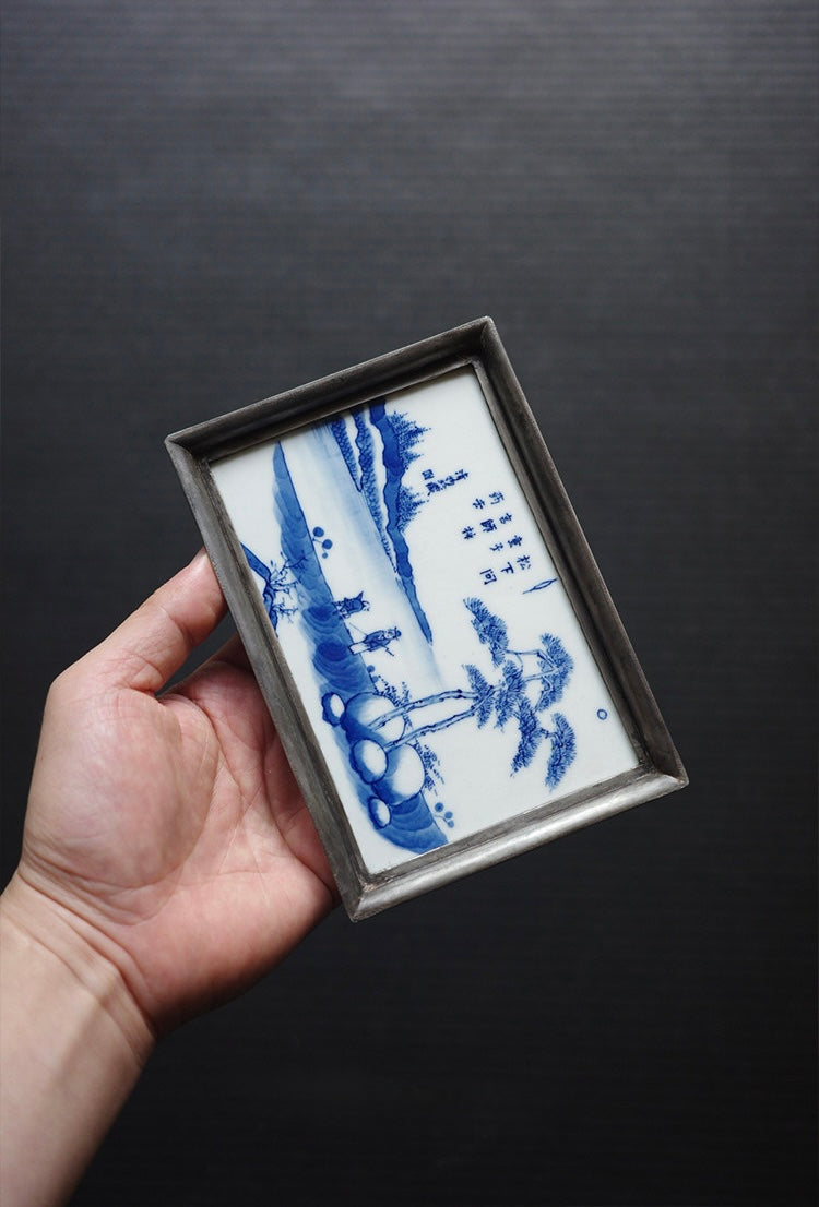 Hand-Painted Qinghua Porcelain & Tin Tea Tray