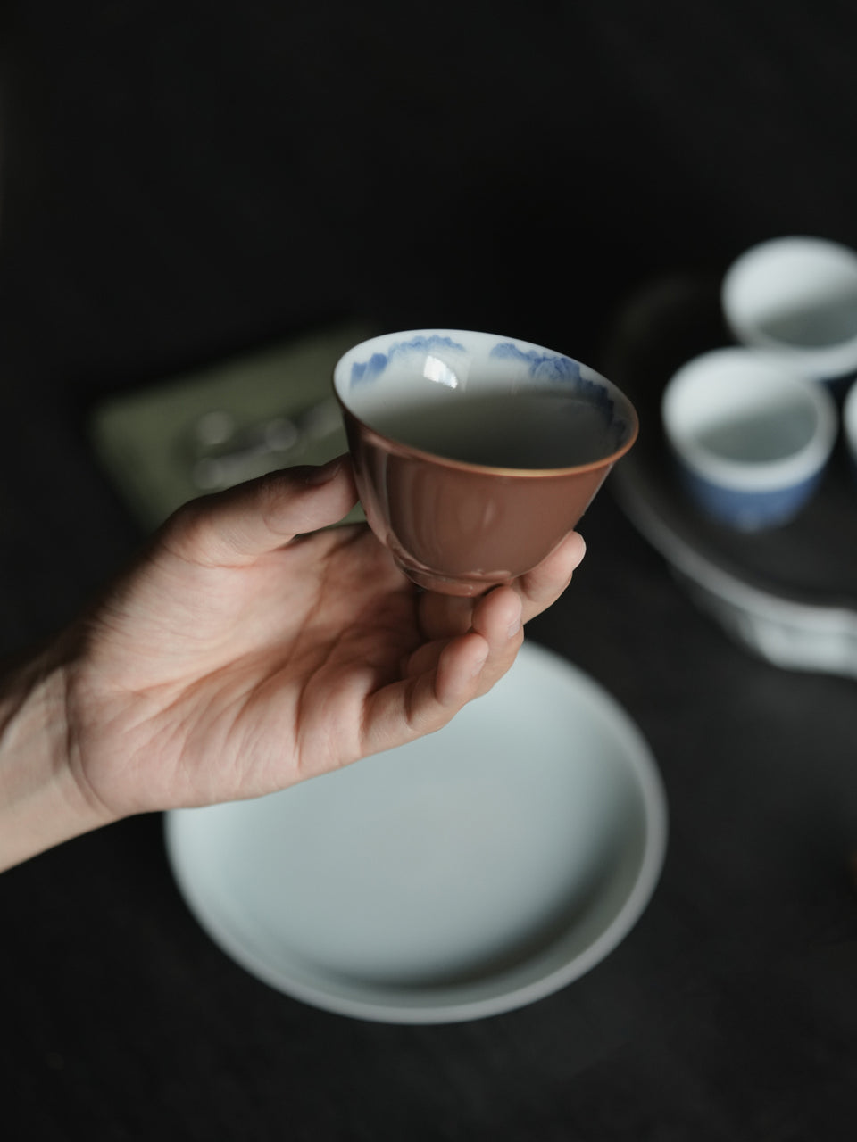 Espresso Glaze Blue & White Mountain Landscape Gaiwan