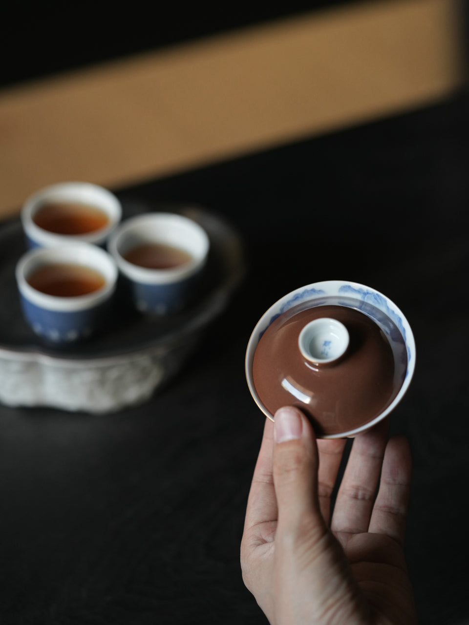 Espresso Glaze Blue & White Mountain Landscape Gaiwan