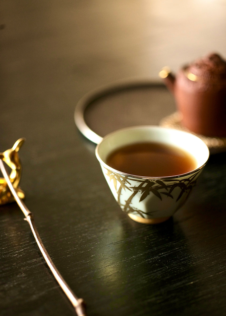 "Golden Bamboo Shadows" Host Teacups with Octagonal Base