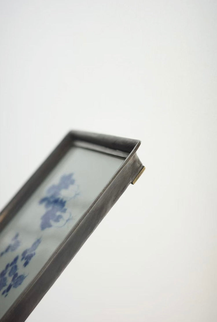 Hand-Painted Qinghua Porcelain & Tin Tea Tray