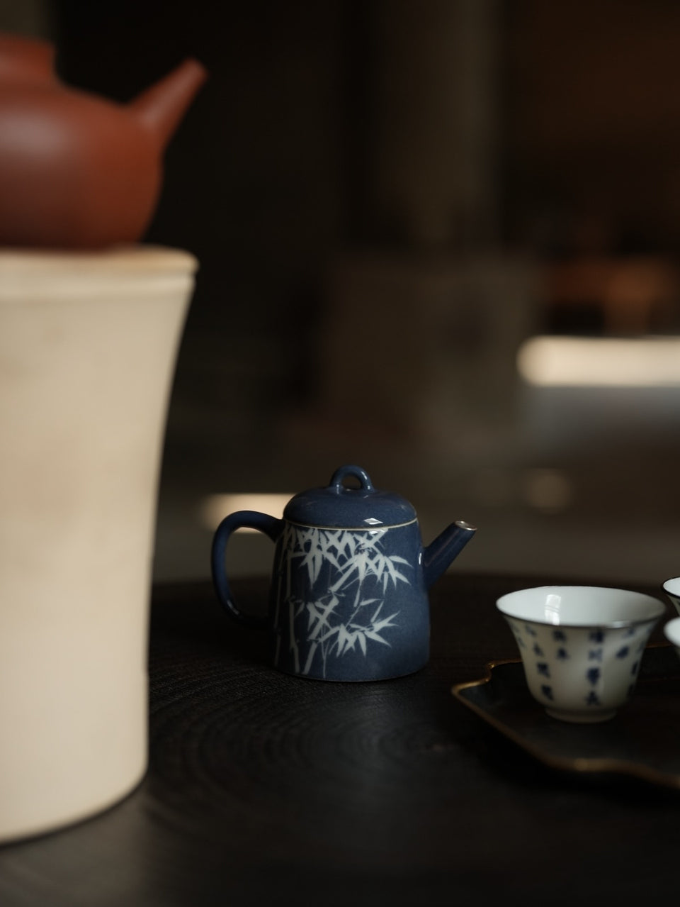 Blue "Sa Lan" Bamboo Teapot With Silver Rim