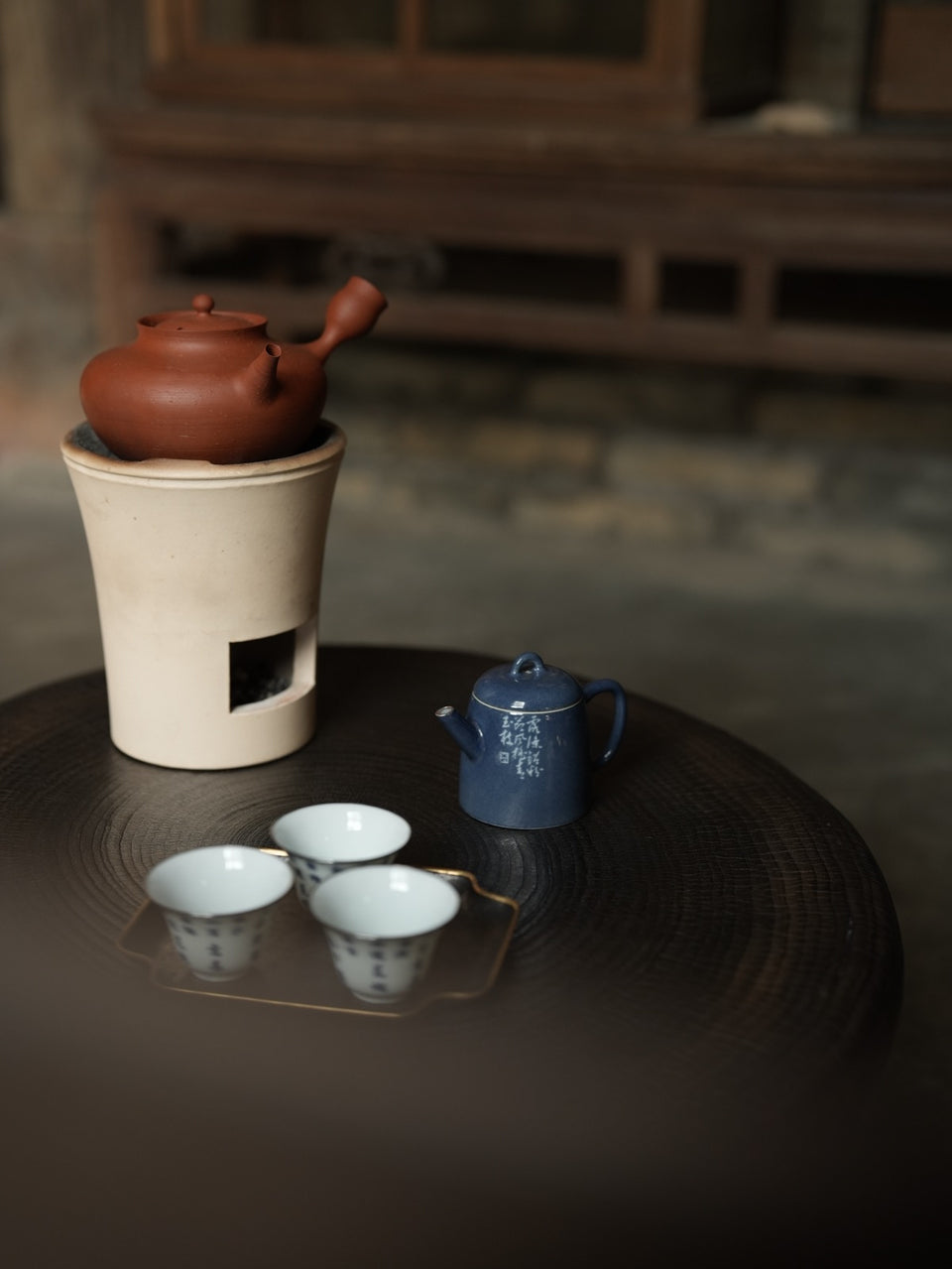 Blue "Sa Lan" Bamboo Teapot With Silver Rim