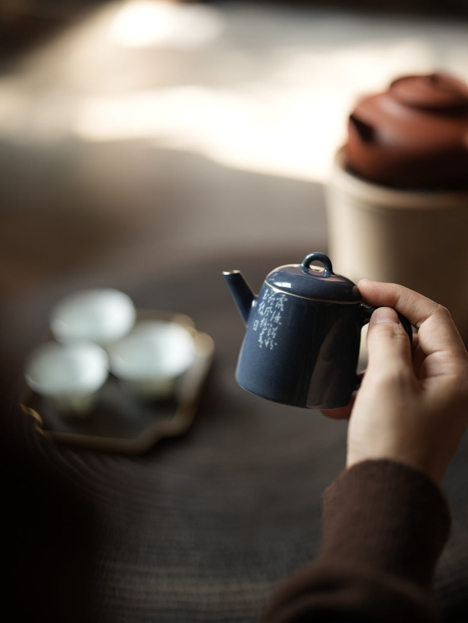 Blue "Sa Lan" Bamboo Teapot With Silver Rim