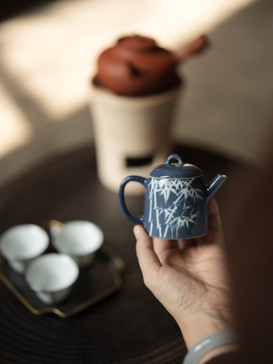 Blue "Sa Lan" Bamboo Teapot With Silver Rim