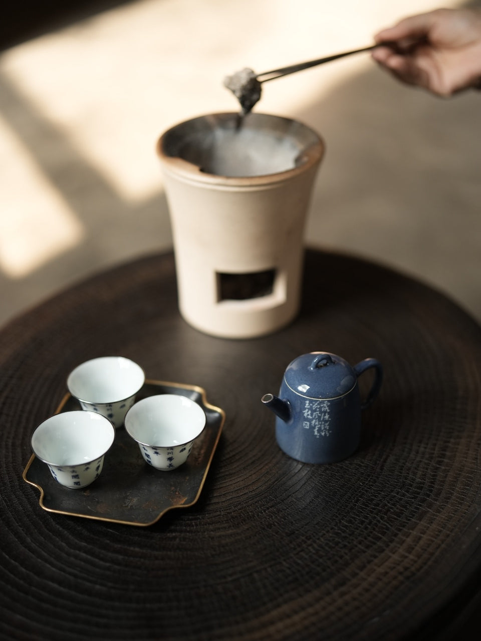 Blue "Sa Lan" Bamboo Teapot With Silver Rim