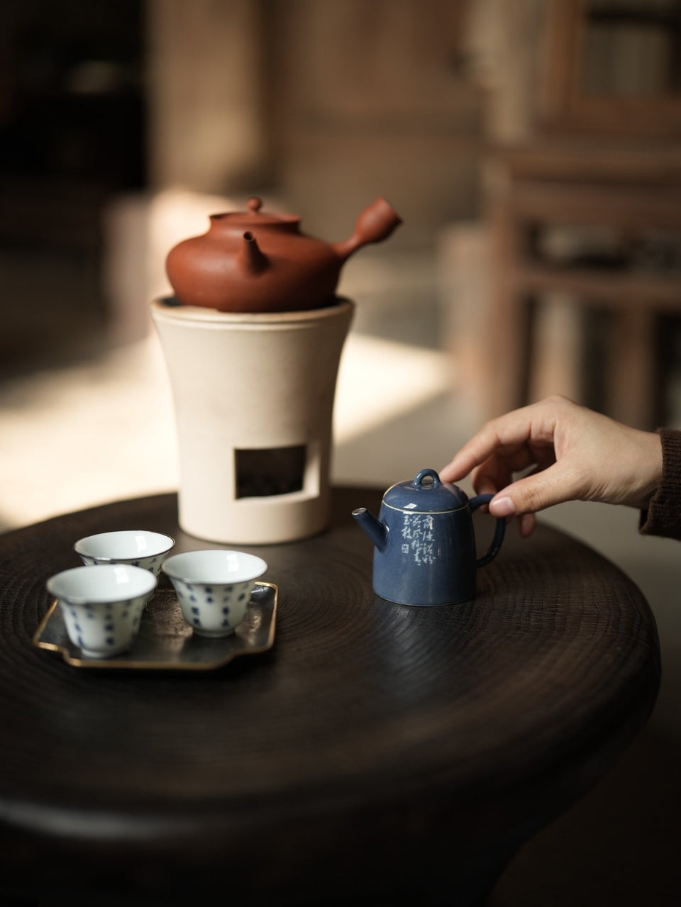 Blue "Sa Lan" Bamboo Teapot With Silver Rim