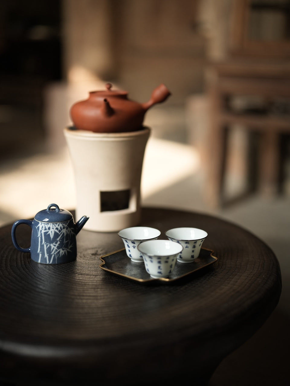 Blue "Sa Lan" Bamboo Teapot With Silver Rim