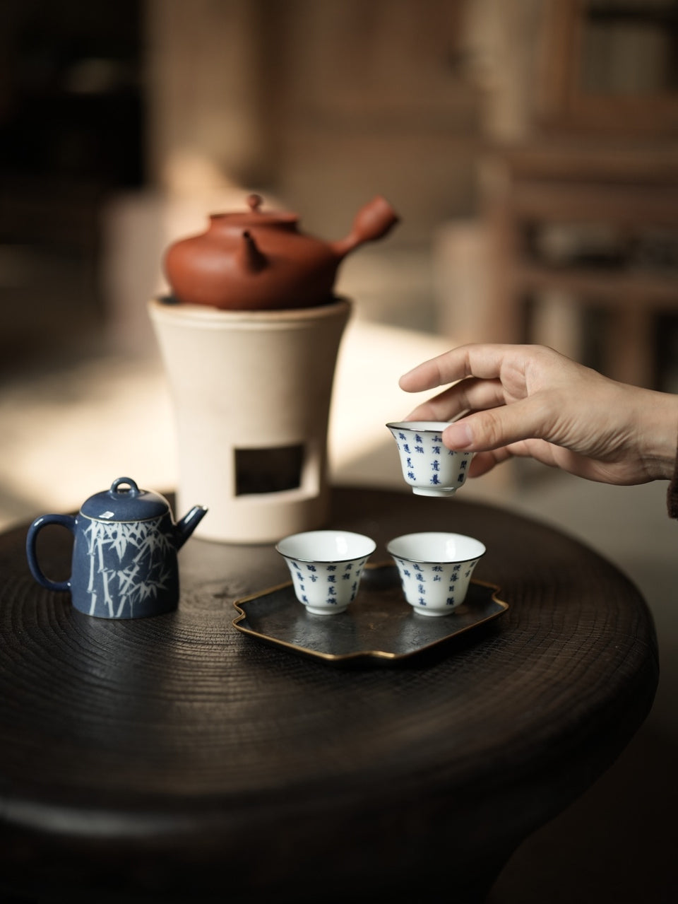 Blue "Sa Lan" Bamboo Teapot With Silver Rim