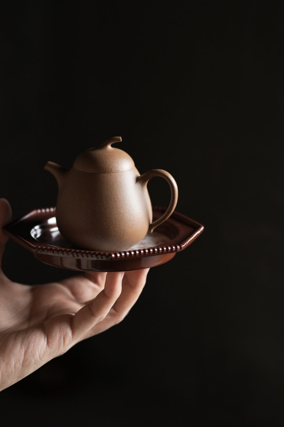 Chestnut - Brown Octagonal Tea Tray With Lotus Scroll Pattern