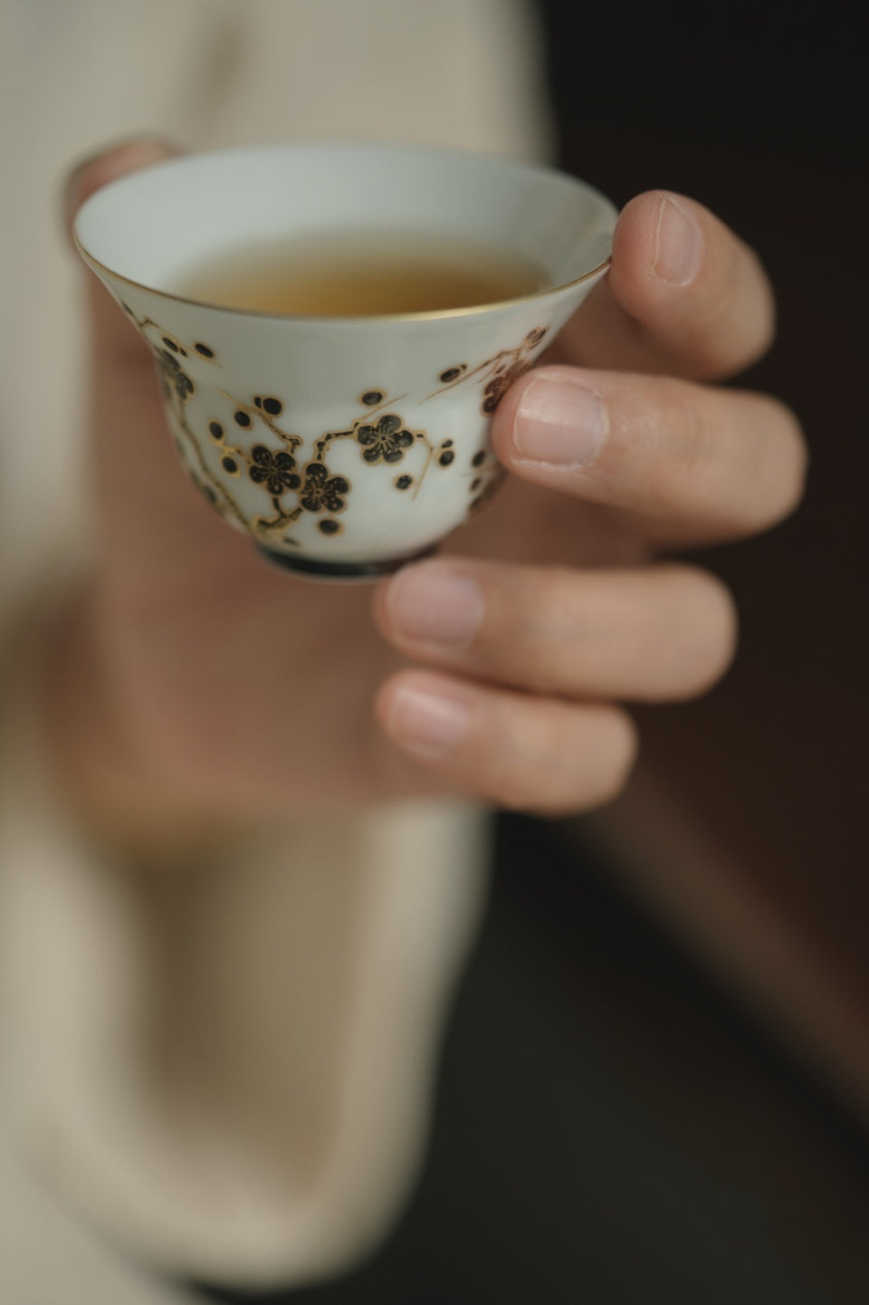 Plum Blossom Host Teacup with Gold Accents
