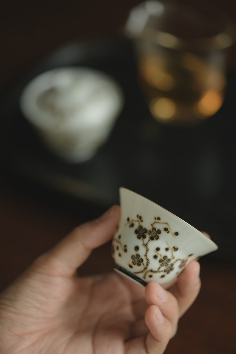 Plum Blossom Host Teacup with Gold Accents