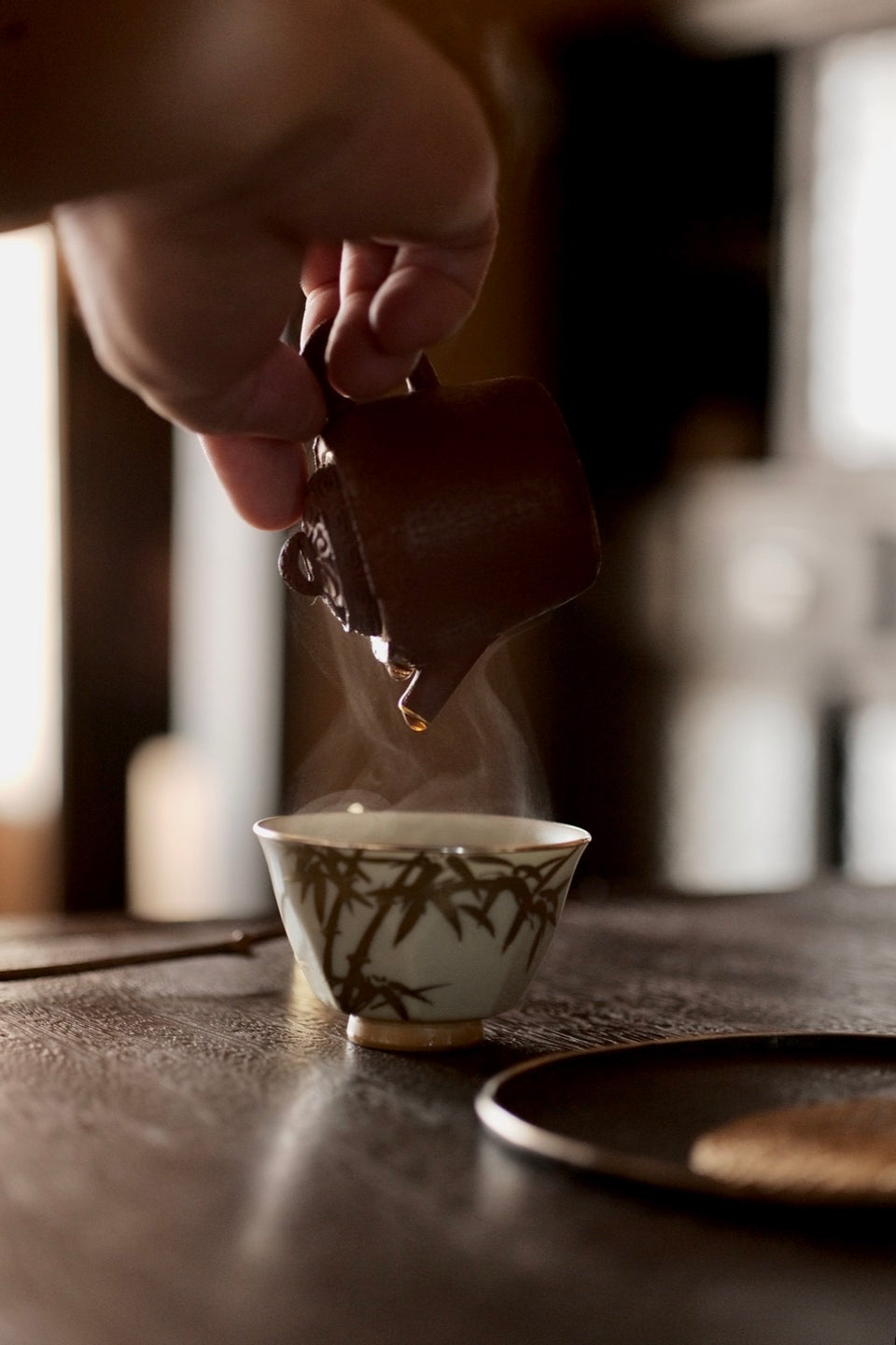 "Golden Bamboo Shadows" Host Teacups with Octagonal Base