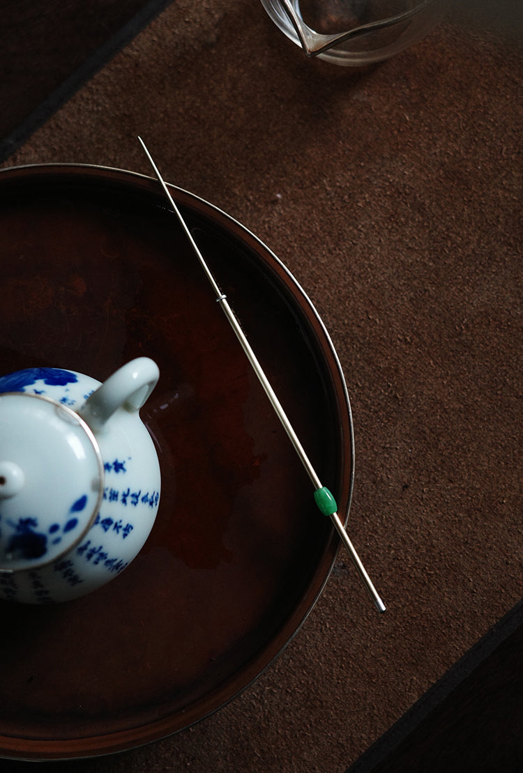 Brass Tea Pick with Jade Ring