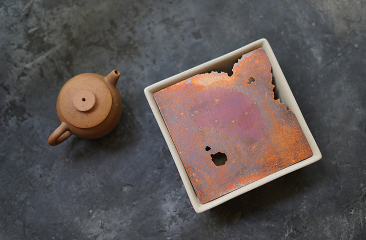 Weathered Red Copper Square Hucheng with Ceramic Base