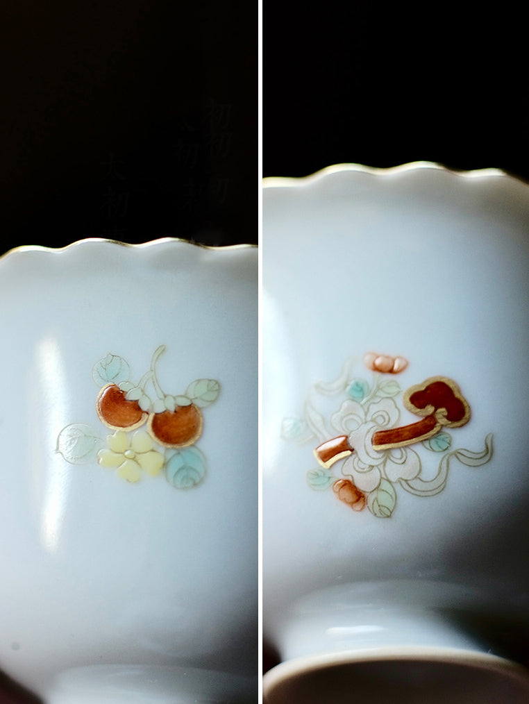 Pair of Tall, Gold-Rimmed Painted Teacups