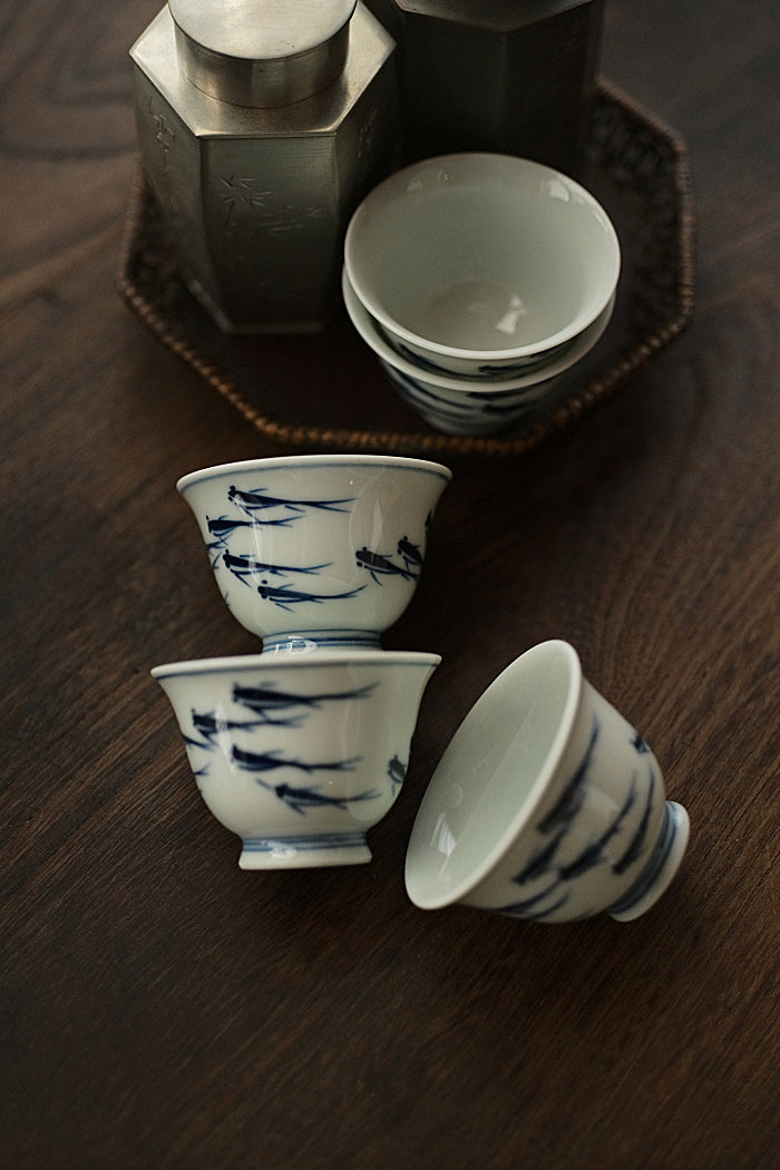 School of Fish Qinghua Blue & White Teacup - Series 2