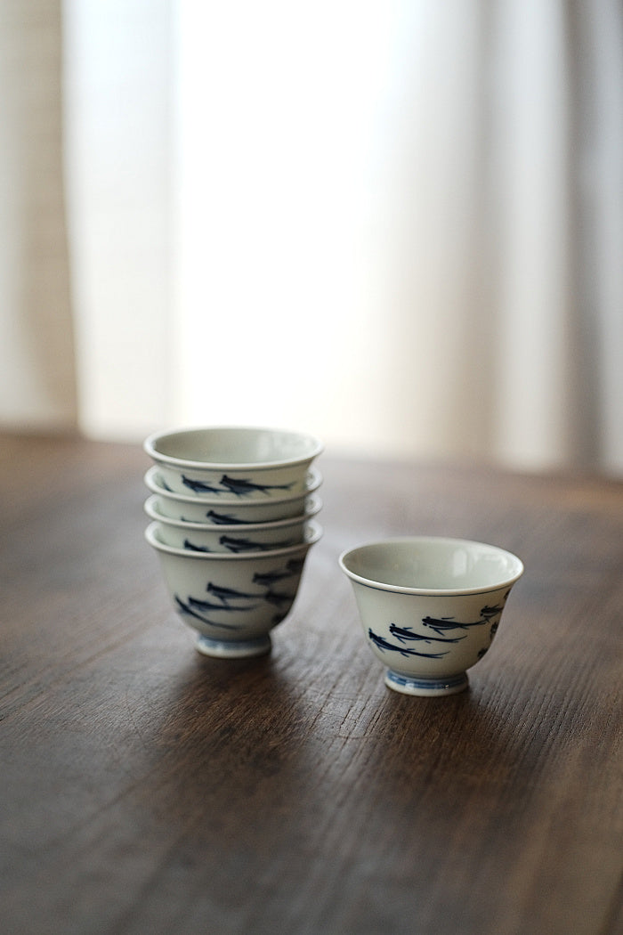 School of Fish Qinghua Blue & White Teacup - Series 2