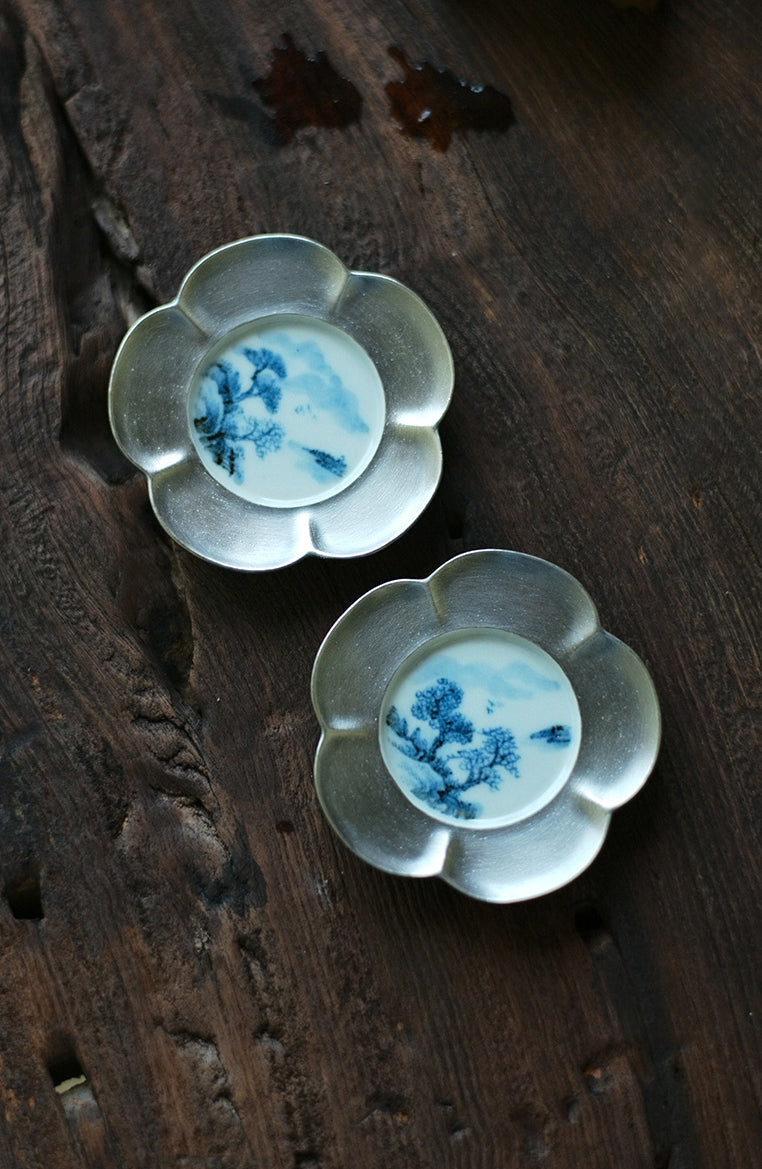 Silver & Qinghua Flower Teacup Holders