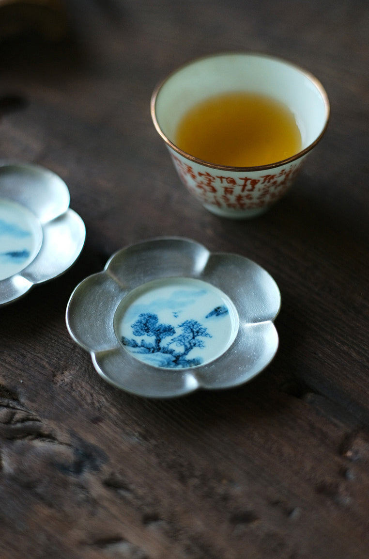 Silver & Qinghua Flower Teacup Holders