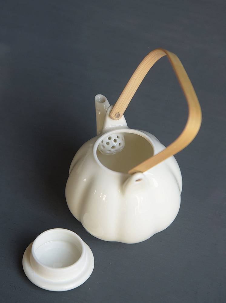 White Glazed Melon-Shaped Teapot & Teacup Set